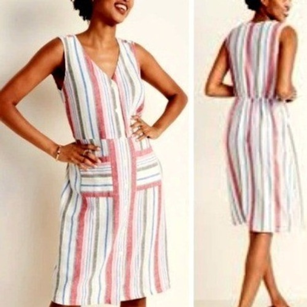 OLD NAVY Women's Large Cream Pink Linen Vertical Striped Button Front Midi Dress